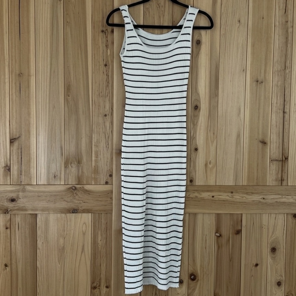 Sleeveless White Midi Dress with Black Stripes